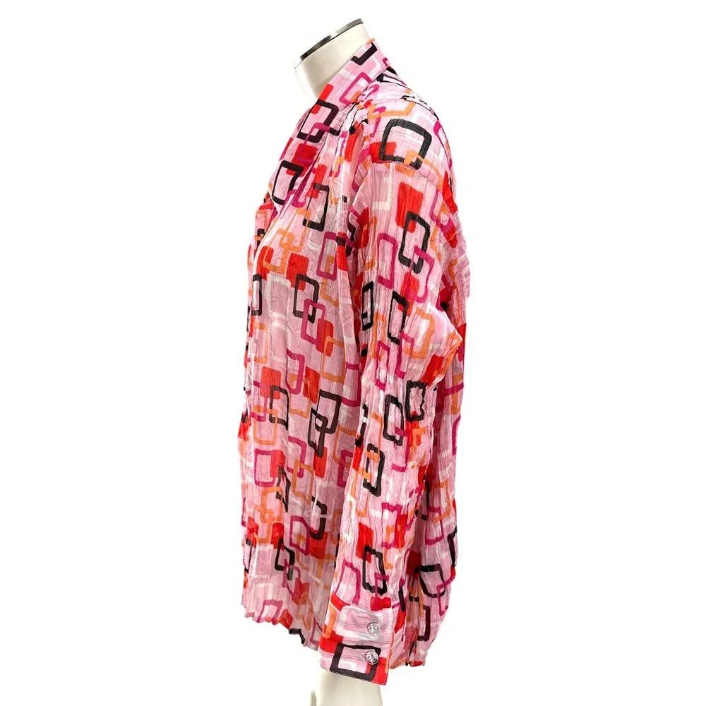Essentials By Milano XL Pink Geometric Button Up Blouse Retro Cityworkcore - Picture 3 of 11